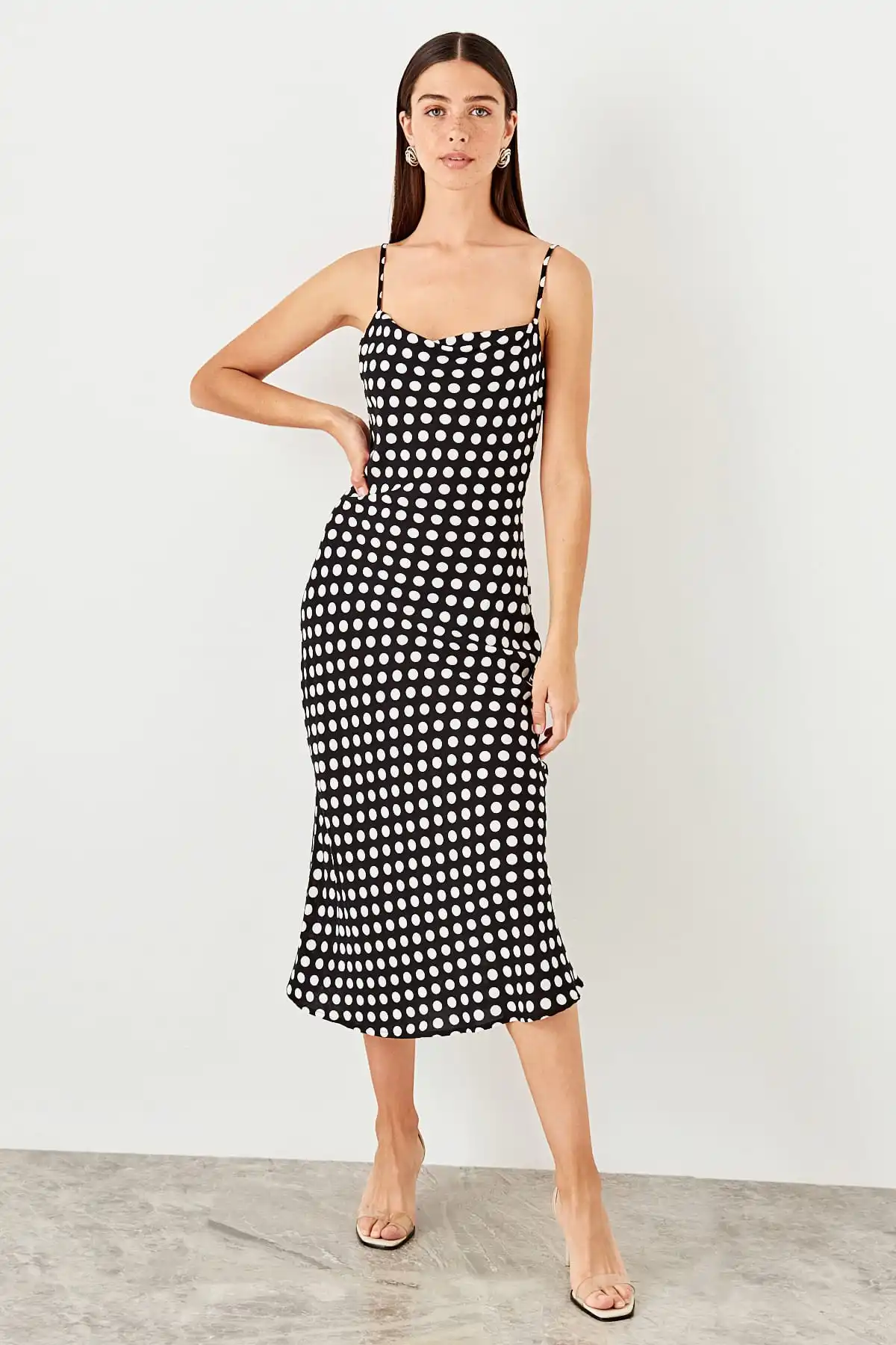 

Black strap polka dot dress TWOSS19EL0172 Shift viscose Midi woven Degaje collar Trend flat Casual & Comfort clothing