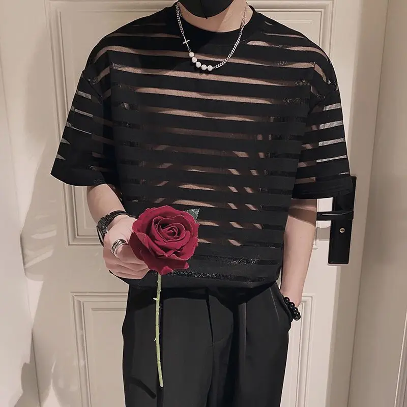 

Korean Hot Sales Men's High-class Hollowed Out Mesh T-shirt Fashion Handsome Lace Short Sleeved Streetwear Oversized Tshirt Tops