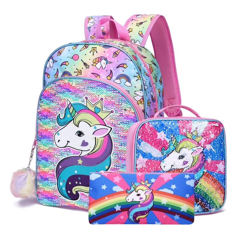 

Cartoon Sequin School Backpack with Lunch Bag Pencil Cases for Student Boys Girls Casual Preschool Bookbag