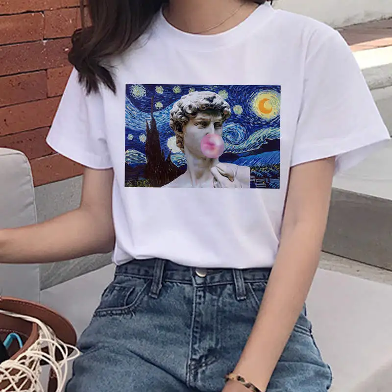 

New Women T Shirt Art Oil Painting Lattice Pattern Print Cute Female T-shirt Casual Harajuku T-shirts Camisetas Mujer