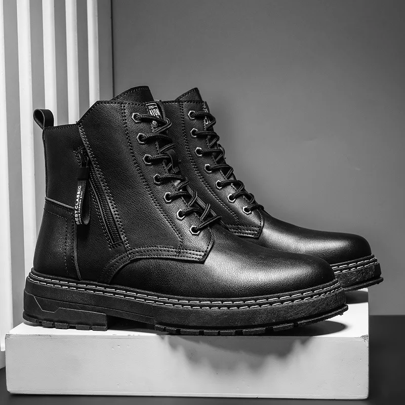 

Flat Boots Men Mid-top Thick soled Warm Sports Boots Zipper Black Leather Shoes Boots Waterproof Non-slip Boarding Snow Boots