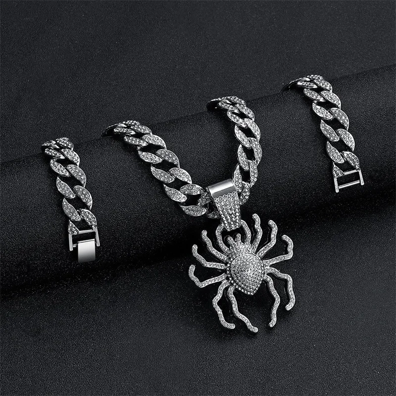 Мужчины Женщины Хип-Хоп Белый Кристалл Паук Ожерелье с 13 мм Массивная Кубинская