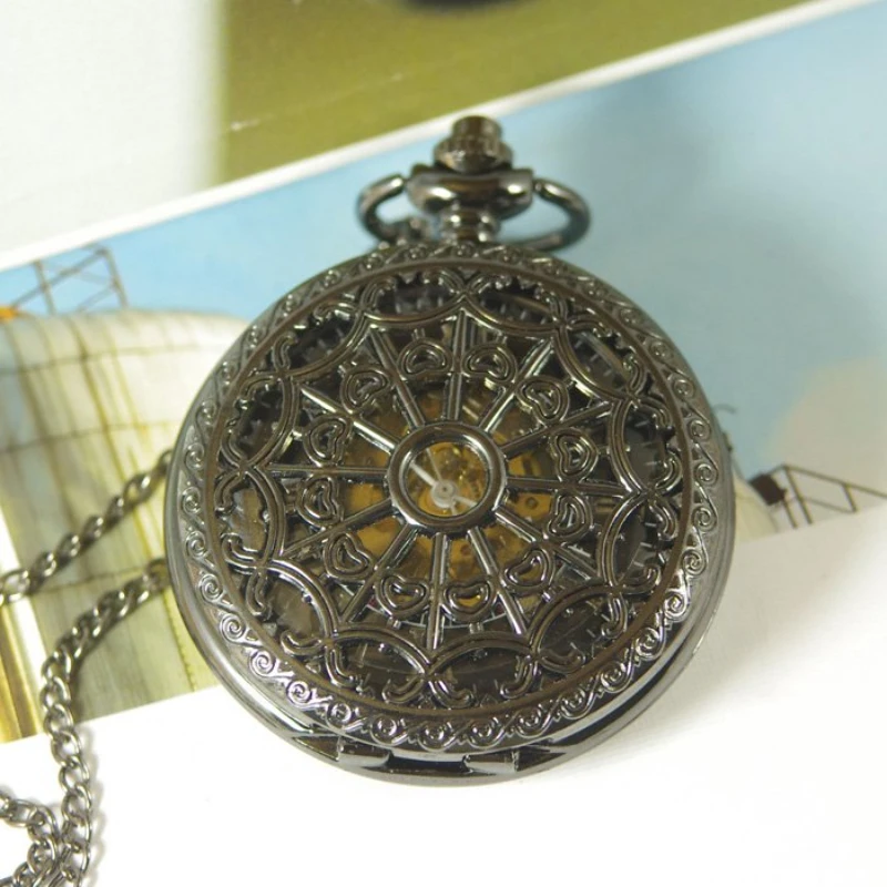 

Pocket Watch Black Spider-Web Net Mens Antique Mechanical Necklace Hand Wind Chain Vintage Steampunk Montre De Poche