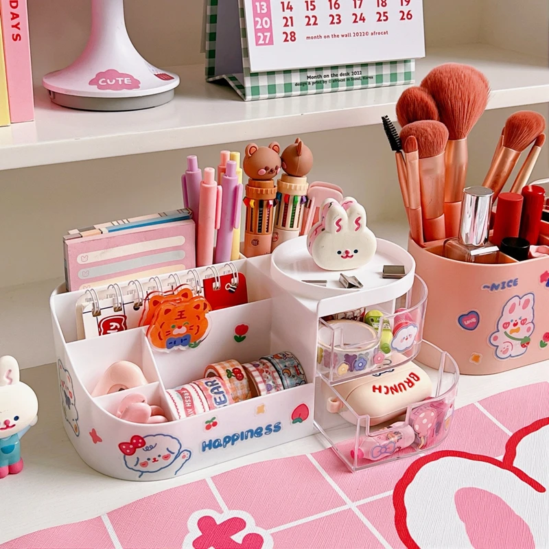 Cute Kawaii Pen Holder Organizer Kids Girl Student Office Desktop Fashion Large Capacity Stationery Storage Box Organizer