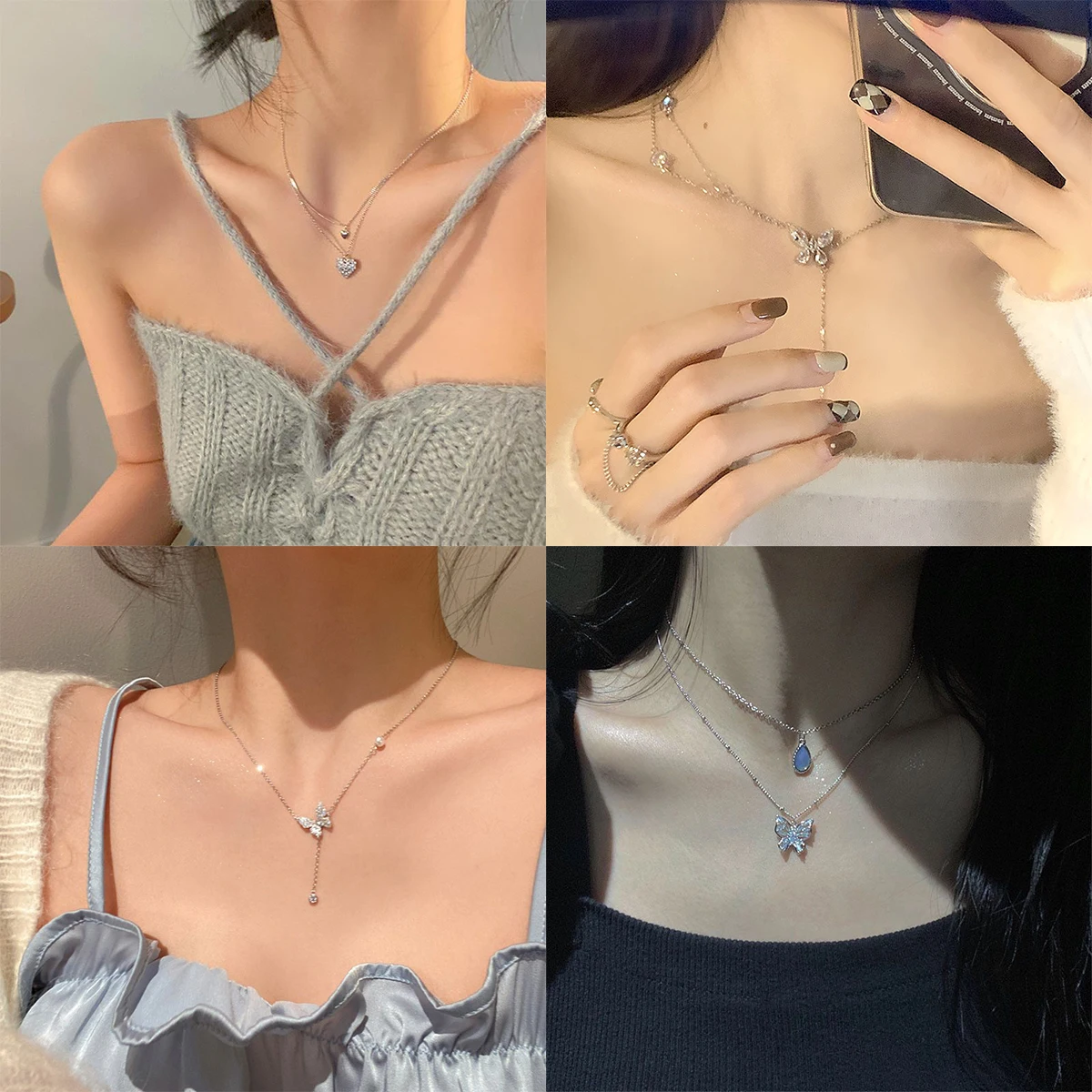 

Women's Love Double Layer Necklace Full Diamond Butterfly Necklace Clavicle Chain Women's Water Drop Butterfly Necklace