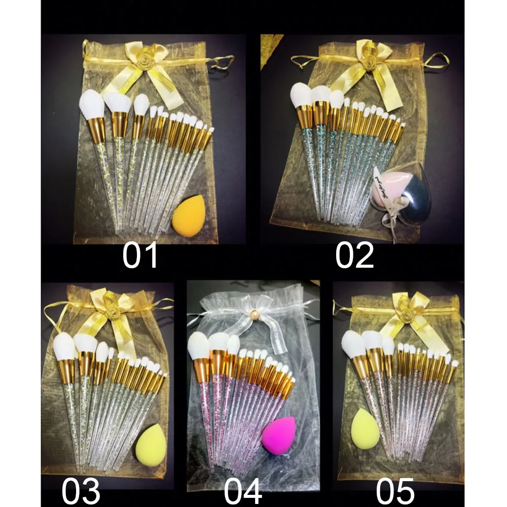 

13pcs pink crystal diamond makeup brush set with white PU bag Glitter plastic handle make-up brushes set
