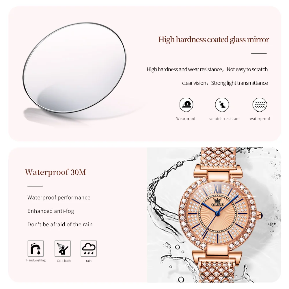 OLEVS Women's Watches Fashion Original Quartz Wrist Watch for Ladies Roman Dial Dazzling Diamond Waterproof Luminous Luxury New