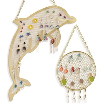 2 Pack Dolphin Ball Hanging Jewelry Organizer Wall Mount Earring Display Holder for Earrings Necklaces Bracelets Rings with Hook