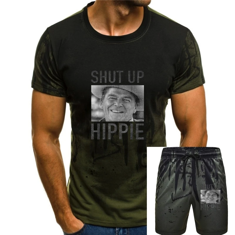 

Shut Up Hippie Ronald Reagan Anti Liberal Republican Gifts T-Shirt Summer Cool Tees High Quality Cotton Man T Shirt