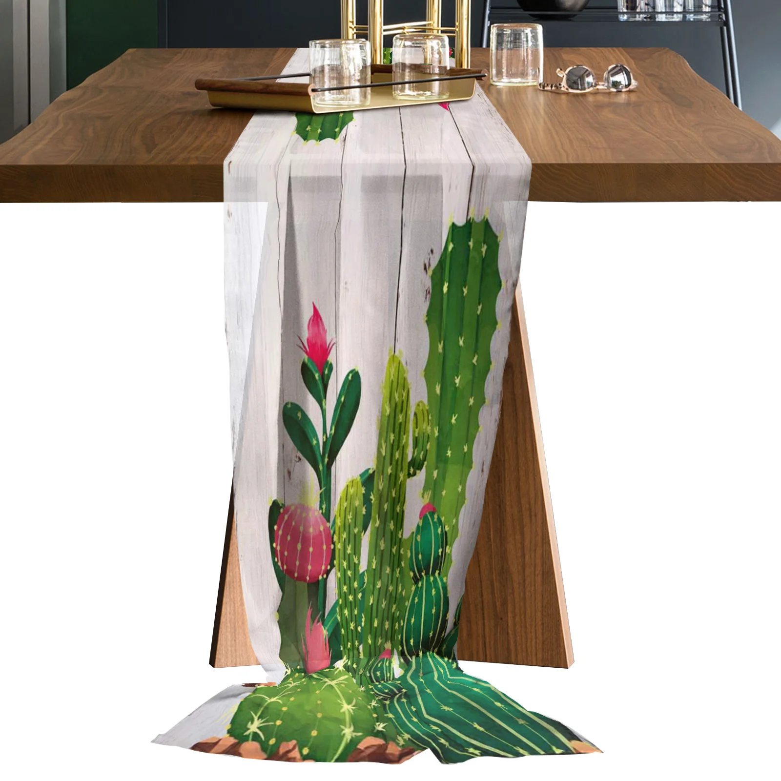 

Cactus Tropical Flower Wood Grain Chiffon Table Runners Wedding Party Decor Tablecloth Gauze Table Runner for Home Coffee Table