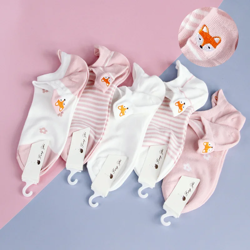 

5 Pairs Cute Fox Embroidery Socks Woman Fashion Low Cut No-show Socks Girl's Short Socks Summer Cotton Invisible Socks Stockings