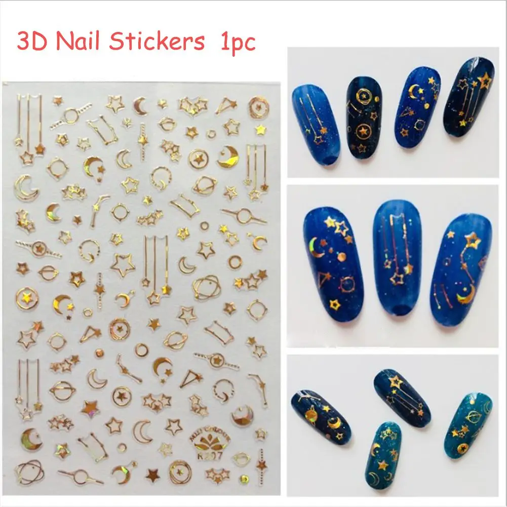 

HEALLOR Hot Nail Art Decoration Women Beauty God Silver 3D Nail Stickers Transfer Decals Metallic Star Moon DIY Manicure
