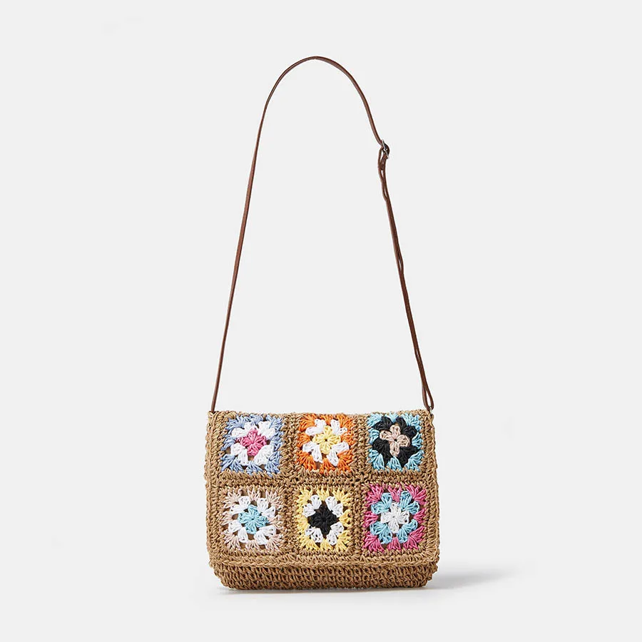 

Vintage Grandmother Plaid Straw Bag Women's Summer Hand-Woven Flower Single Shoulder Crossbody Bags