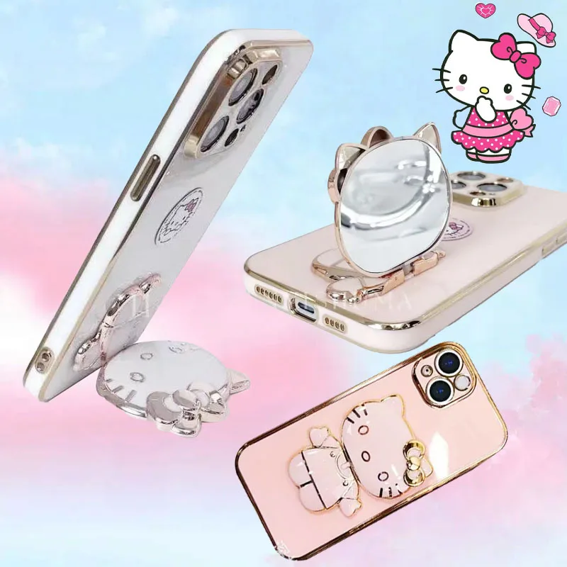 

Kawaii Hello Kitty Iphone Phone Case with Makeup Mirror Bracket Kt Cat Mobile Phone Shell for Iphone 14 13 12 11 Pro Max Xr Xs