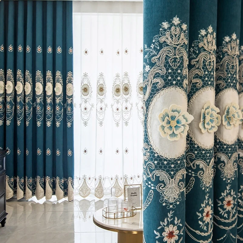 

Chenille Elegant Blackout Bohemian Curtains Blue European Relief Embroidery Window Curtains Set for Living Room Bedroom