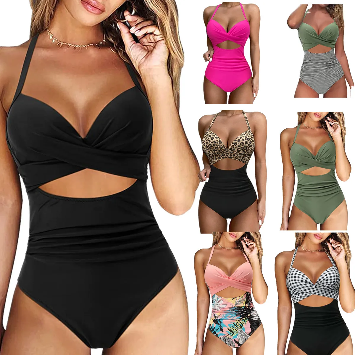

Women's Swimwear One-piece swimsuit solid color patchwork bikini backless