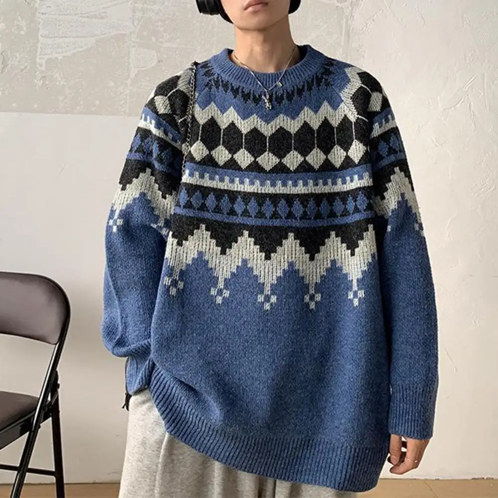 

Men Sweater Autumn Winter Crew Neck Teens Sweater Loose Turndown Collar Pullover Vintage Solid Color Long Sleeves Student Shirt