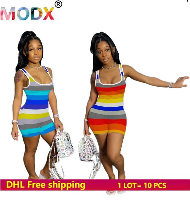 

10 Pcs Bulk Wholesale Women Striped Rompers Sexy Jumpsuits Onesie Bodysuits Skinny Overalls Summer One Piece Pants 3386