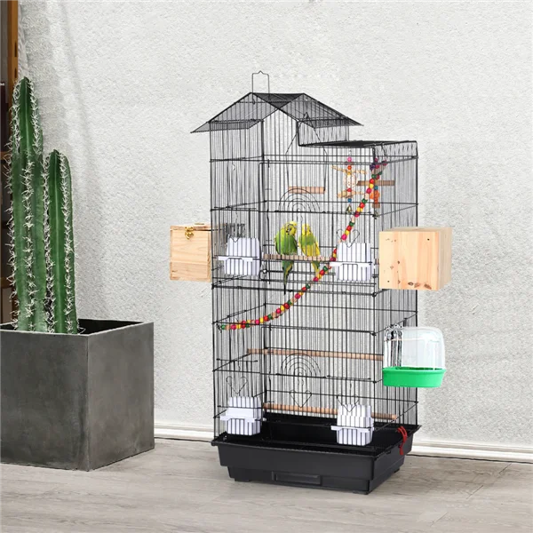 

39" Metal Bird Cage with Perches and Toys, Black