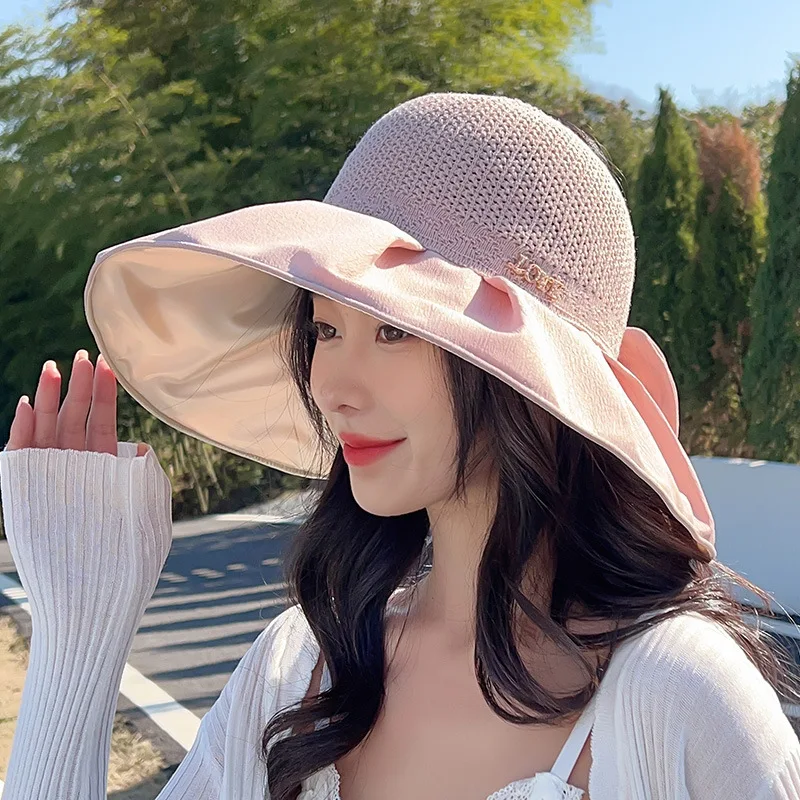 Women Fisherman Hat Sunscreen Wide Brim Anti-UV Hollow Out Breathable Decorative Bow-knot Decor Sun Hat Headwear Korean Hat
