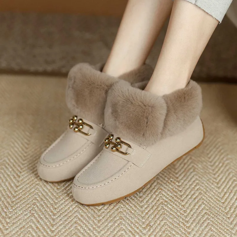 

New Women's Brand Design Warm Plush Naked Boots Luxury Fur Mules Metal Chain High Top Flat Non-Slip Comfortable Work Shoes