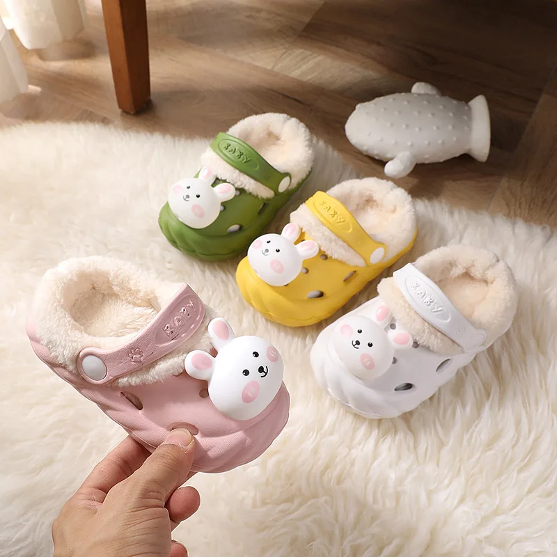 Girls pink rabbit fur slippers winter children cotton warm shoes BABI cartton unisex boys indoor floor furry slippers