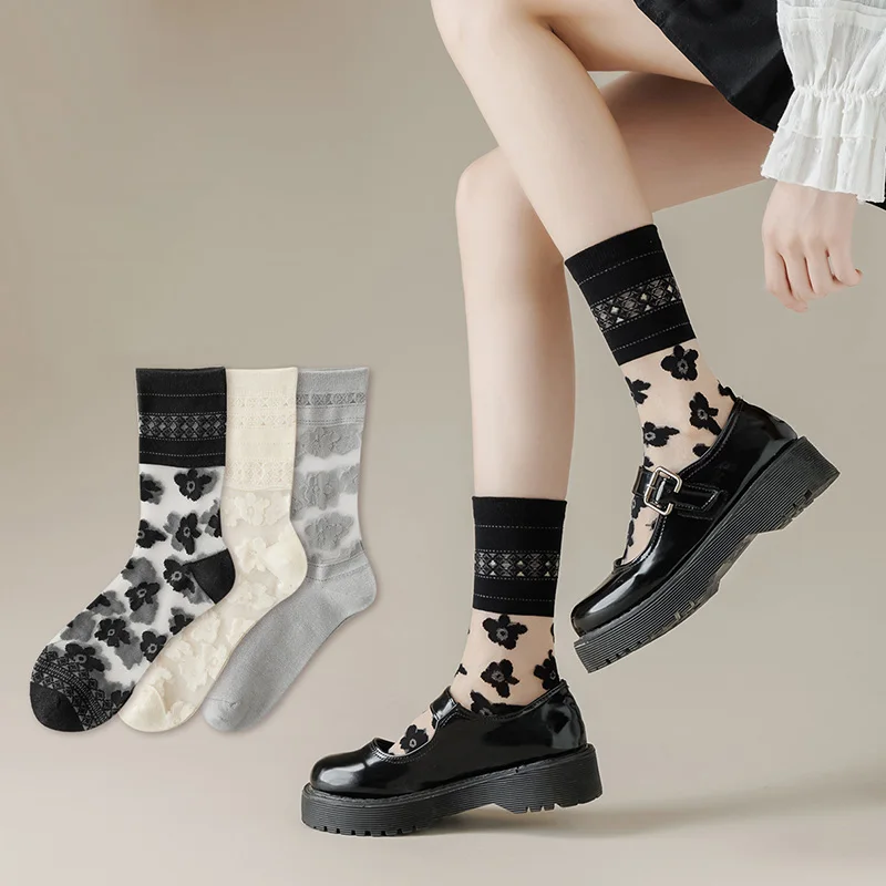 

Lolita Thin Socks Women JK Transparent Lace Socks Black White Gray Lady Glass Silk Socks Cotton Mesh Flowers Mid Tube Socks