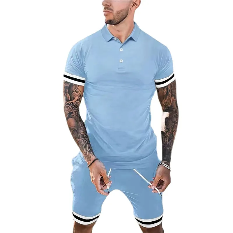 Fashion Men's Button Polo Shirt And Shorts Set Casual Short Sleeve Pure Color Suit Men Clothing