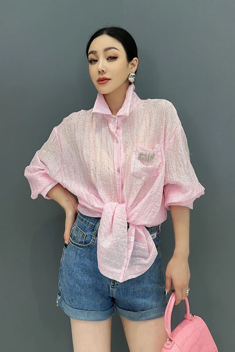 Женская рубашка с отложным воротником QING MO розовая Повседневная модная длинными