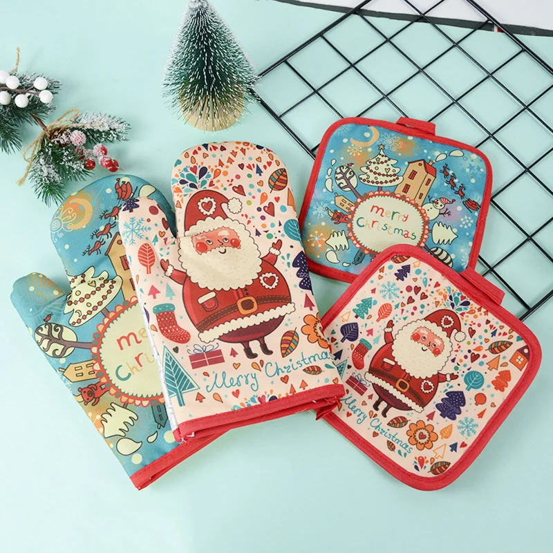 2Pcs Christmas Oven Baking Gloves Microwave Insulation Pad Kitchen Baking Tools Christmas Decoration for Home New Year Gift 2022