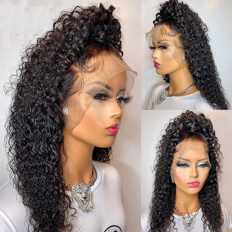 26Inch 180%Density Long Kinky Curly Synthetic Lace Front Wig For Women With Baby Hair Heat Resistant Fiber Hair Daily Wear Wig