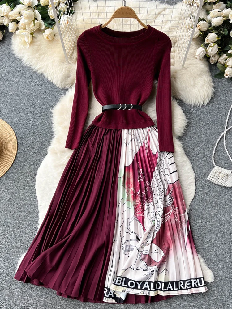 

YuooMuoo Women Dress Autumn Winter Elegant Color Patchwork Knitted Pleated Dress Lady Office Dress Long Vestidos