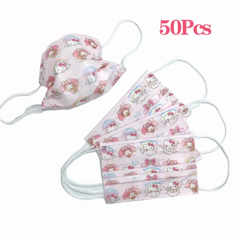 

50Pcs My Melody Kitty Sanrio Anime Cartoon Three Layers Mask Disposable Protective Face Mask Dust Mask Boy Girl Gift No Box