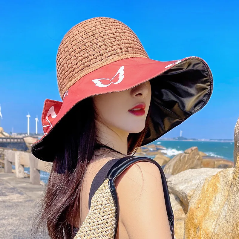 

2023 летняя виниловая Солнцезащитная шляпа с защитой от УФ-лучей Женская Корейская соломенная плетеная Солнцезащитная шляпа с широкими полями