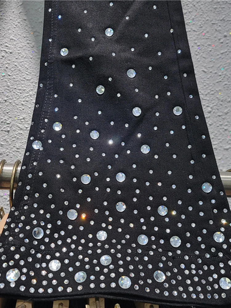 DEAT женские джинсы с высокой талией тонкие эластичные брюки-клеш со стразами