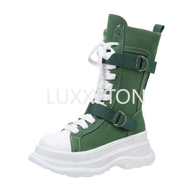 

Canvas Chunky Platform Women's Boots 2023 Autumn Lace-Up Zipper Motorcycle Boots Woman Thick Bottom Non-Slip Ankle Booties Women