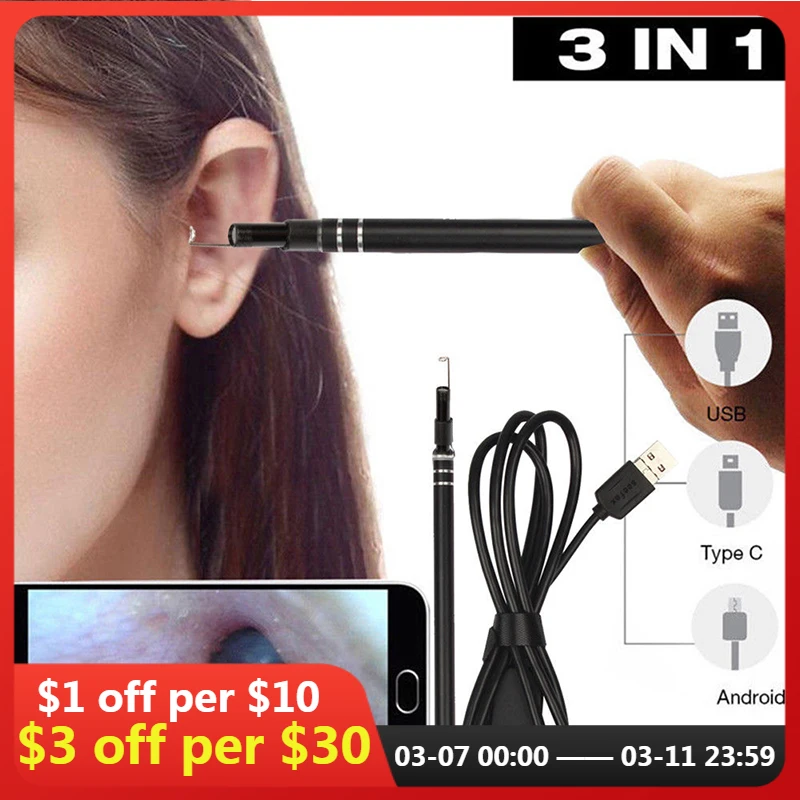 

Ear Otoscope Megapixels Ear Scope Inspection Camera 3 in 1 USB Ear Digital Endoscope Earwax Cleaner Tool with 6led