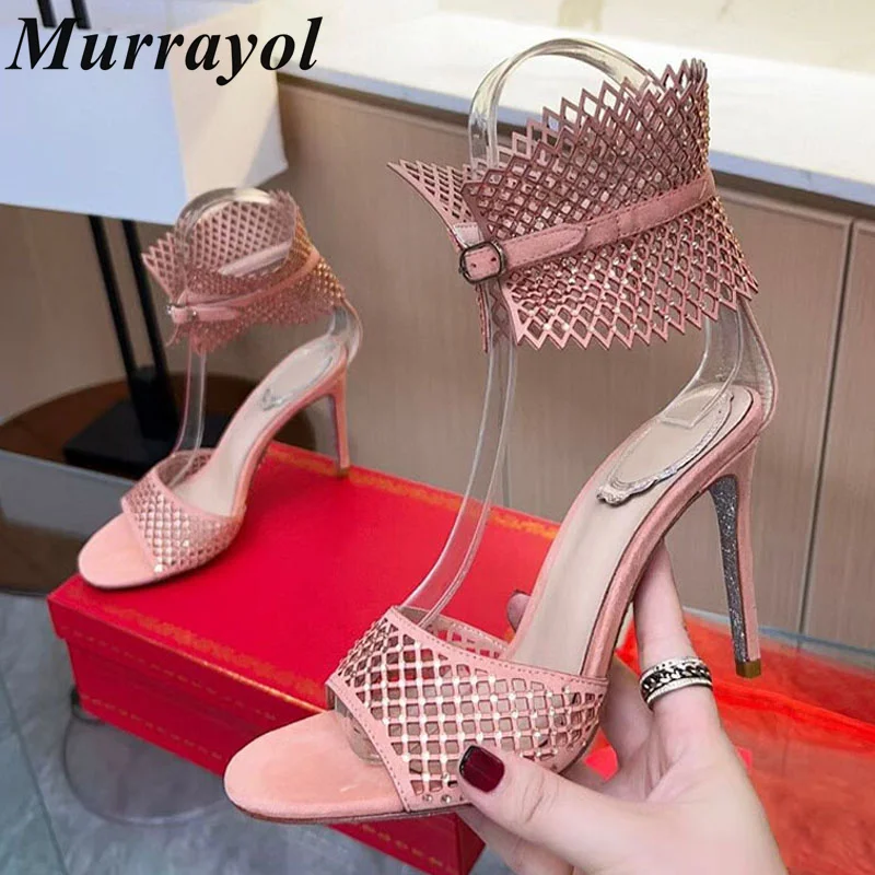 Новые сандалии на тонком каблуке с сетчатым дизайном женские со стразами и