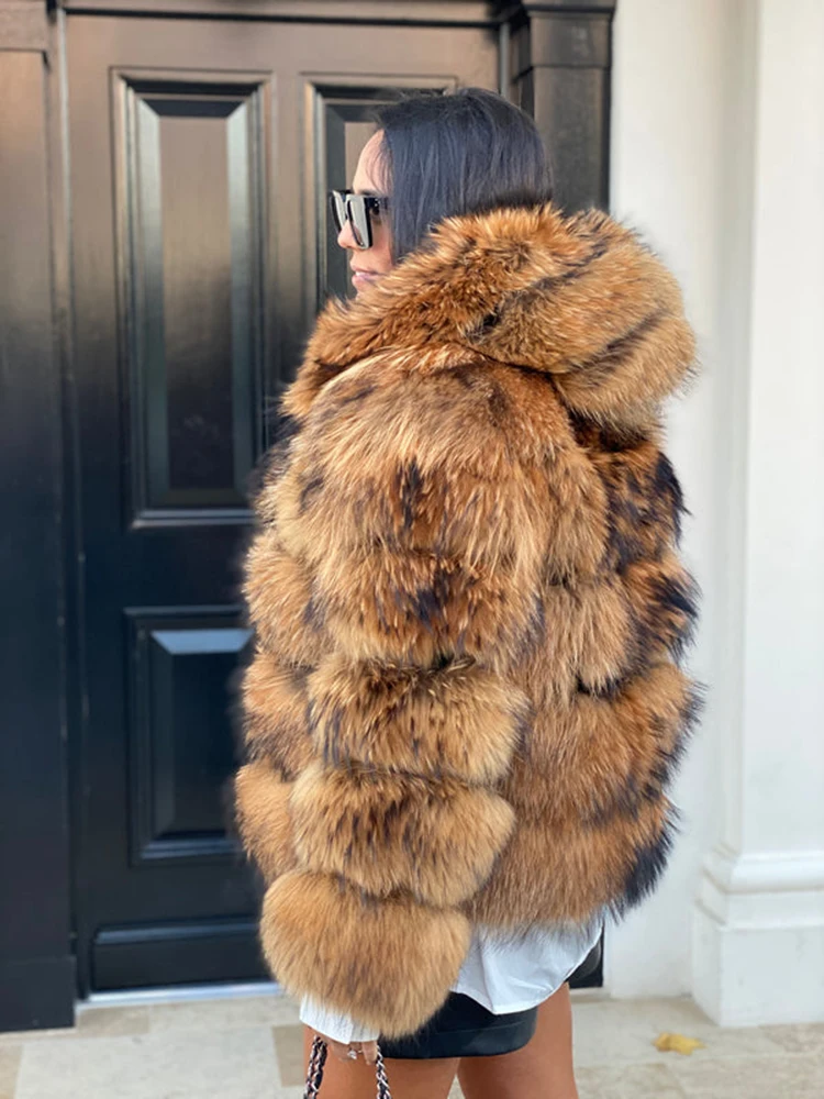 Europa y América 2021, chaqueta de piel de mapache pesada Natural con capucha grande de invierno para mujer, abrigo de piel Real