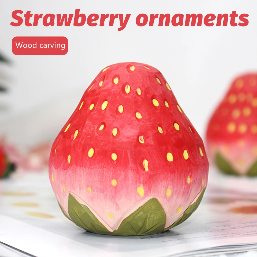 

Wood Carving Strawberry Ornament Creative Painted Hand-carved Mini Sculpture Wooden Desktop Decoration Great Gift _WK