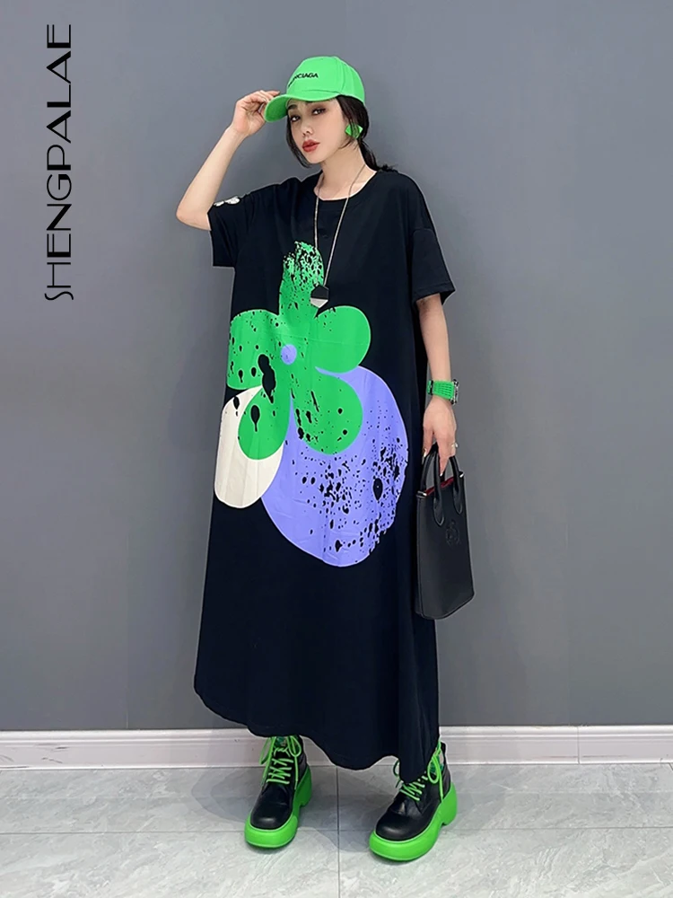 

SHENGPALAE модное платье с принтом для женщин, круглый вырез, короткий рукав, универсальный, Повседневный, свободный, Vestido, лето 2023, новинка, 5R4051