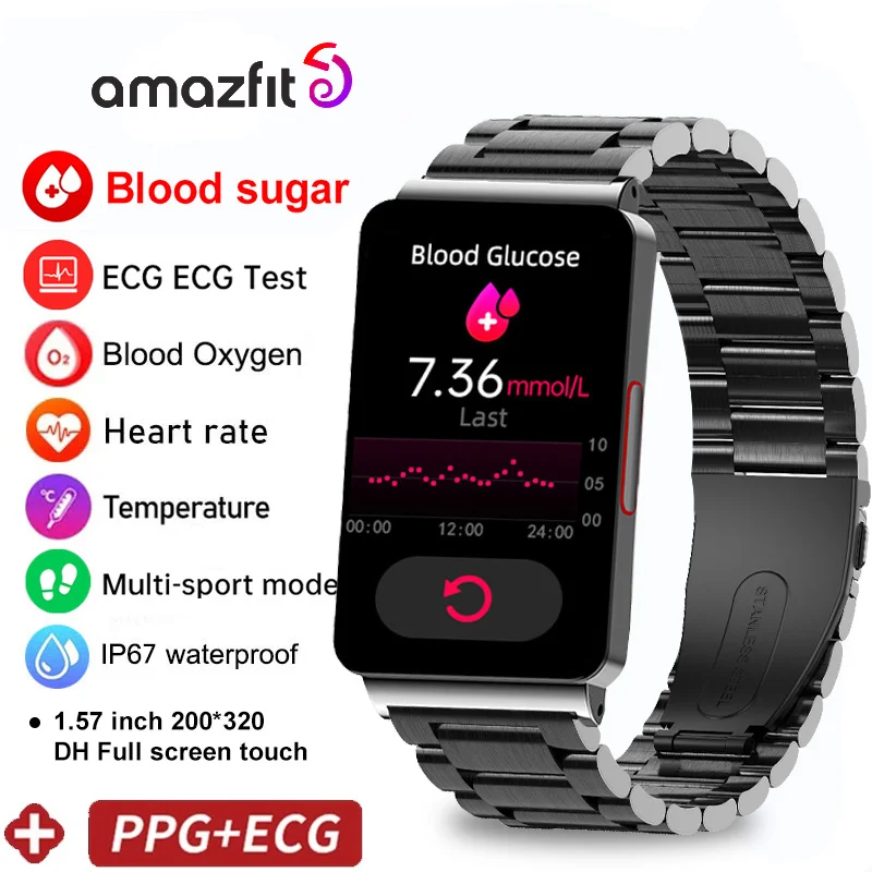 

2023 AMAZFIT Blood Sugar Smart Watch Men Women ECG+PPG HRV Heart Rate Temperature 1.57" HD Waterproof Smart Bracelet Bluetooth