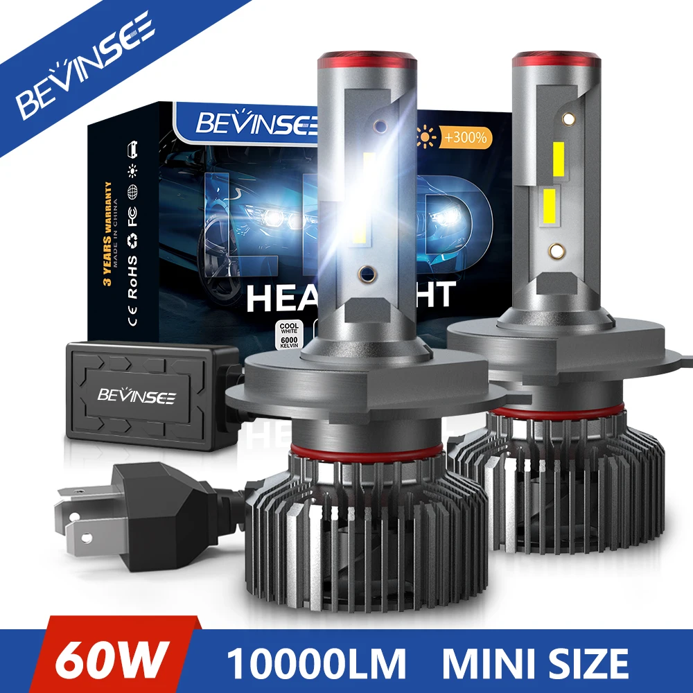 Bevinsee H7 H4 H11 LED Headlight H8 H9 9005 HB3 9006 HB4 Automotive LED Bulbs 12V 60W 6000K 10000LM LED Lights for Vehicles A01