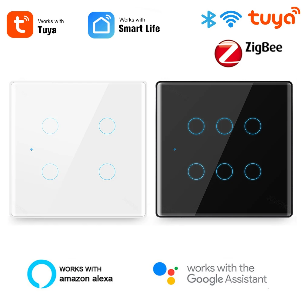 Купи Tuya Smart Home Brazil Standard Zigbee/WiFi Smart Touch Switch 4/6 Way Panel Wall Voice APP Control Work with Alexa Google Home за 455 рублей в магазине AliExpress