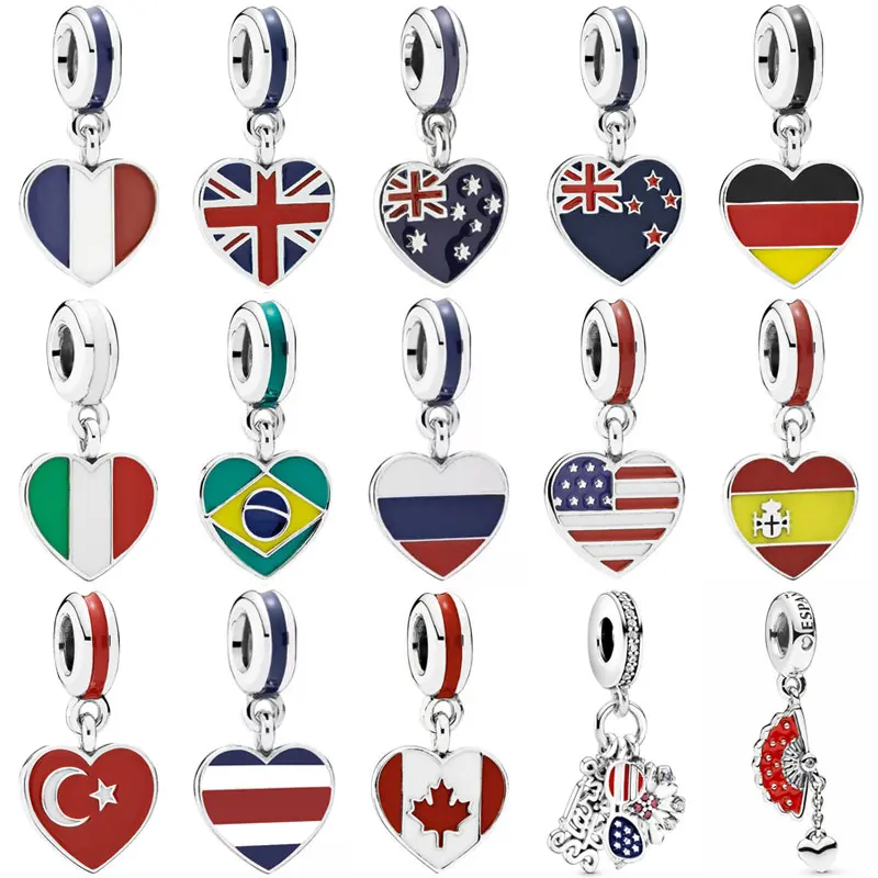 

New 925 Sterling Silver Charm Spain Germany Turkey Australia Italy Heart Flag Pendant Bead Fit Popular Bracelet DIY Jewelry