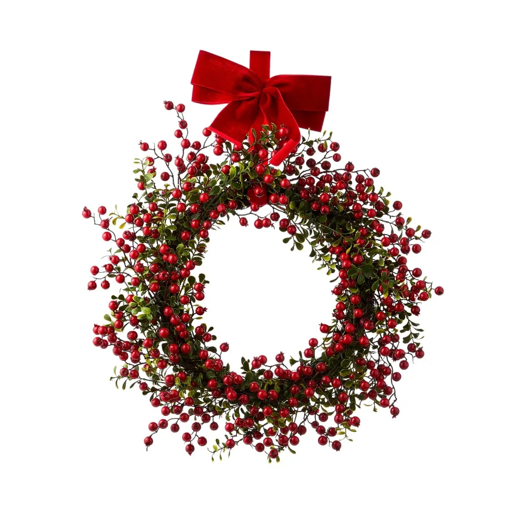 

Non-Lit Red Berry Velvet Bow Boxwood Wreath Decor, 24" tall, 20.46 oz christmas wreath decorations door decoration home decor