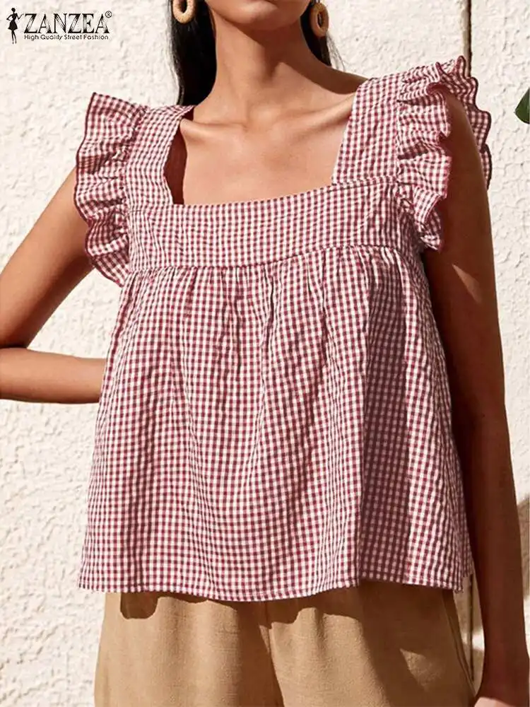

ZANZEA Summer Sleeveless Ruffle Women's Blouse Square collar Grid Print Tops Bohemian Holiday Casual Elegant Beach Tank Shirt
