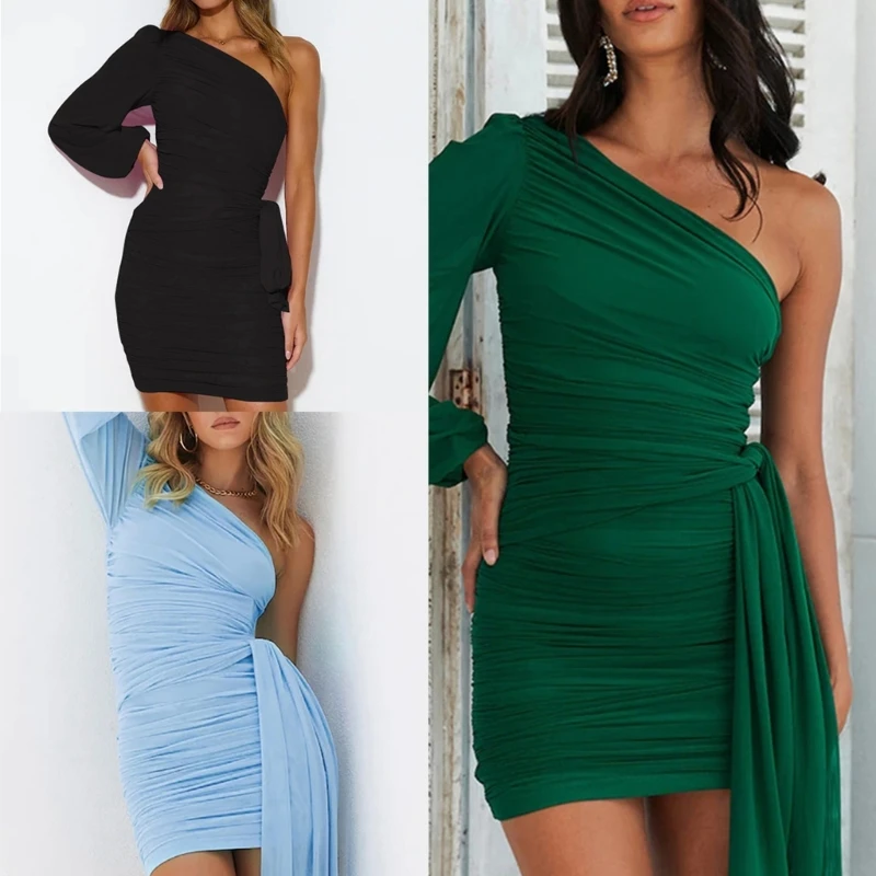 

Women One Shoulder Long Sleeve Ruched Bodycon dress Cocktail Bodycon Club Dress One Shoulder Bodycon Dress Mini Dress