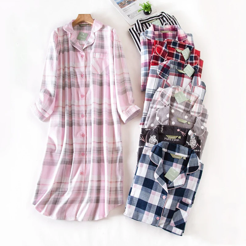Ladies Cotton Nightgown Women Nightdress Long-sleeved Plaid Print Female Sleepwear Nightshirt Button UP Nightie