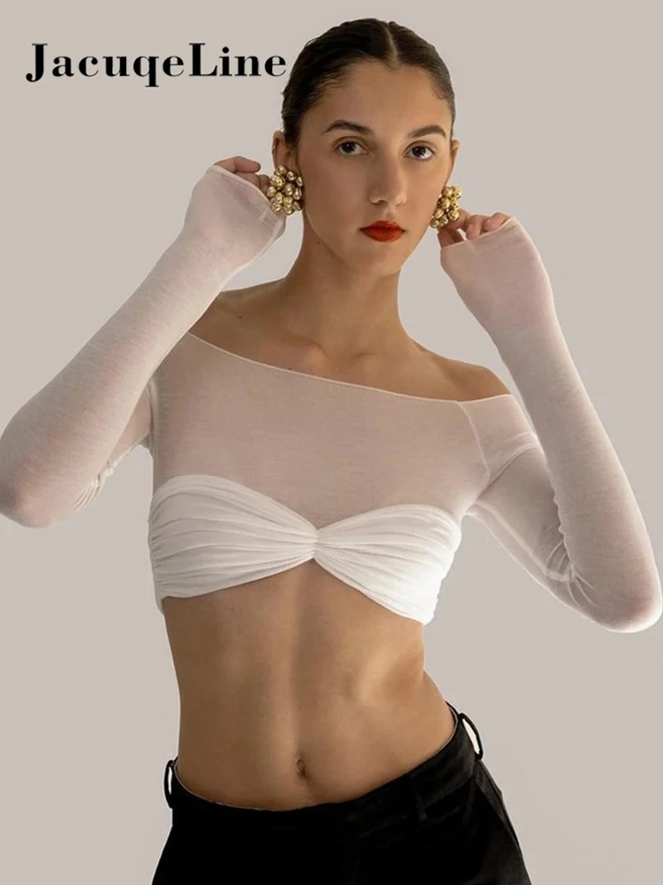 

Jacuqeline Y2K Long Sleeve See Through T Shirts Women's Sexy Black Slash Neck Bow Wrap Bra Crop Tops White Spring Summer 2023